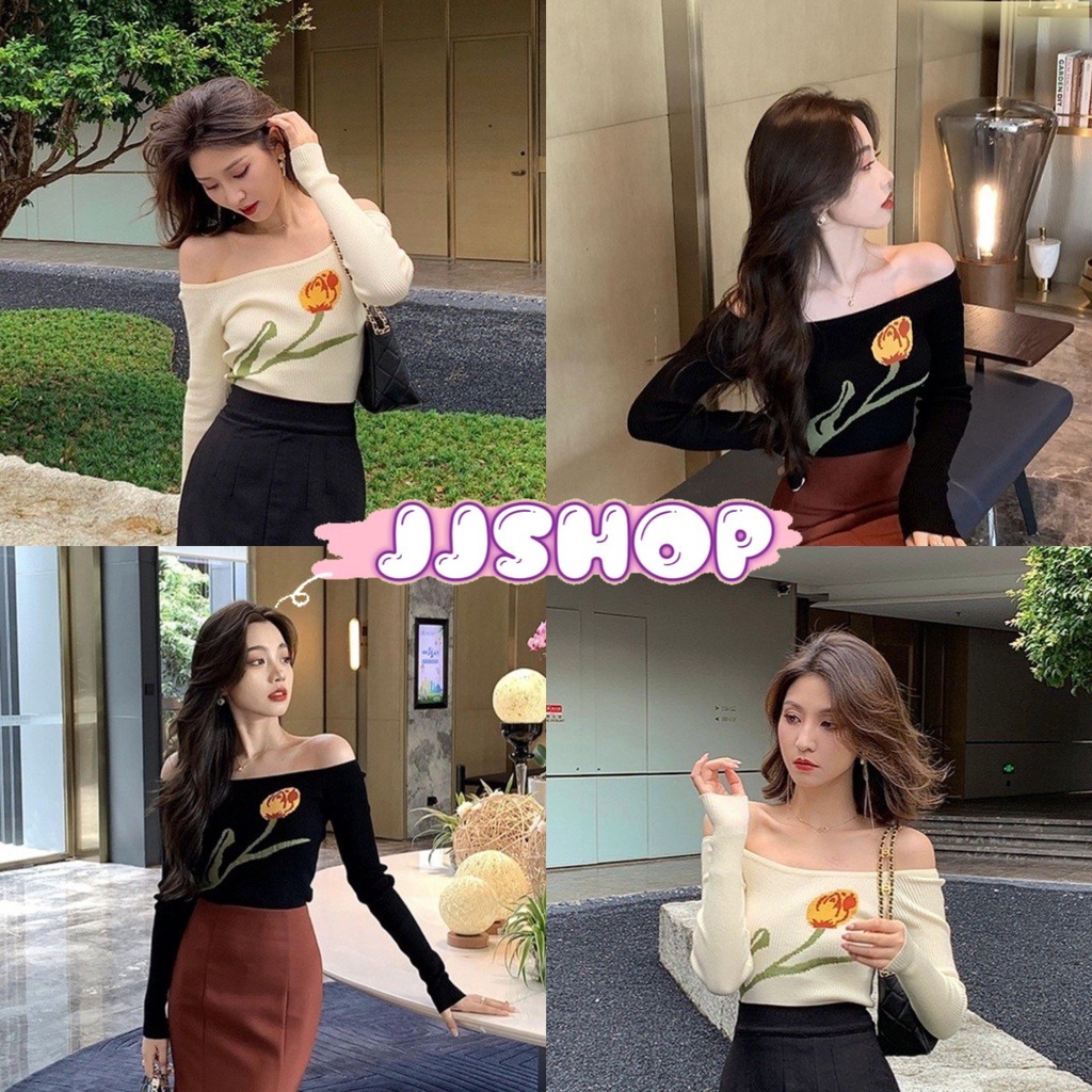 JJ shop พร้อมส่ง เสื้อเปิดไหล่ไหมพรม แขนยาวลายดอกทิวลิปใส่ไปเดทสวยๆ "98116"
