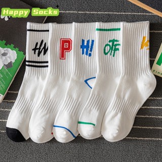 【Happy Socks】ถุงเท้ากีฬา ผ้าฝ้าย ระบายอากาศ พิมพ์ลายตัวอักษร ดูดซับเหงื่อ สําหรับผู้ชาย