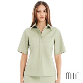 [MILIN] Seminar Shirt Short sleeves faux leather shirt เสื้อเชิ้ตคอปกหนังเทียม