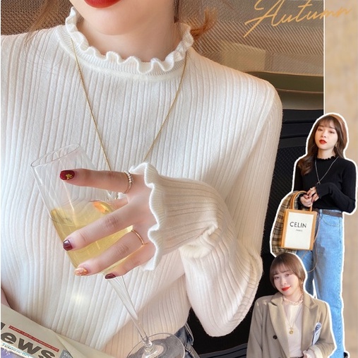เสื้อกันหนาวแขนยาว ผ้าถัก แบบบาง เข้ารูป สีพื้น แฟชั่นฤดูใบไม้ร่วง สําหรับผู้หญิง