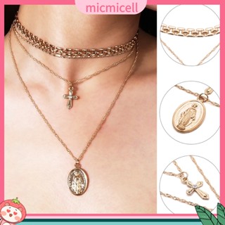 (micmicell) ของขวัญเครื่องประดับสร้อยคอโชคเกอร์จี้พระเยซูหลายชั้น