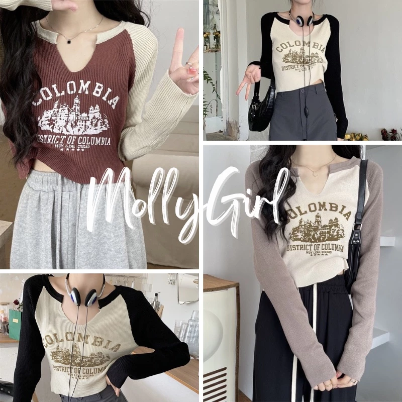 Mollygirl เสื้อแขนยาวรัดรูปผ้าร่อง ไม่ร้อน พร้อมส่งทุกสี