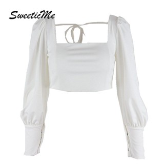 Sweeticme ใหม่ เสื้อยืดลําลอง แขนยาว คอสี่เหลี่ยม สีพื้น เซ็กซี่ แฟชั่นสําหรับสตรี 2022