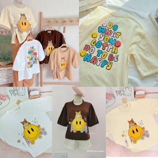 1176🍄ตำหนิ💟มือ1 เสื้อยืดผ่าข้าง สกรีนหน้าหลัง ลายแมว smiley เหลืองอ่อน 💟Nida