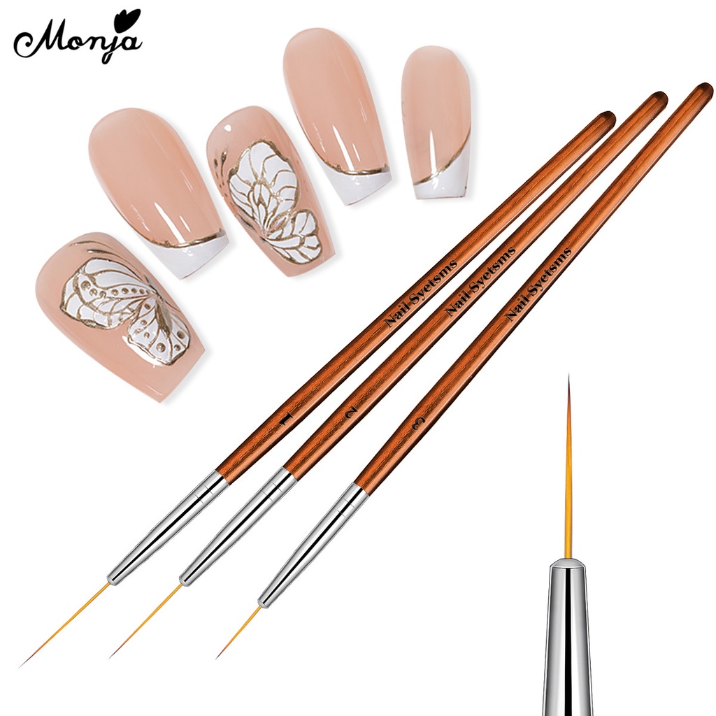 Monja แปรงปากกาวาดภาพระบายสี ลายดอกไม้ ด้ามจับไม้ สําหรับทําเล็บเจล UV 3 ชิ้น