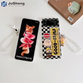 Jusheng เคสโทรศัพท์มือถือ ลายสนูปปี้ ชาร์ลี พร้อมสายโซ่คล้อง แฟชั่น สําหรับ Samsung Z Flip5 Z Flip4 Z Flip3