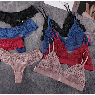 Sexy Lace Women Underwear Bra Set Solid Color Hollow Out Seamless Brallet Plus Size M-L