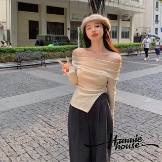 Hannie- เสื้อท็อปส์ถัก แขนยาว เปิดไหล่ ลําลอง สําหรับผู้หญิง