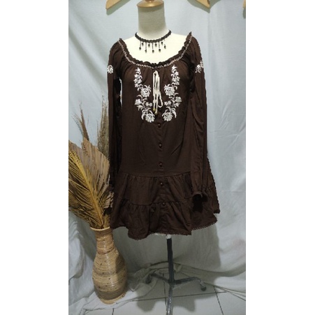 Lizlisa Bohemian Retro Dress สีน้ําตาล/ เดรสโบฮีเมียน นําเข้า brand japan kawaii