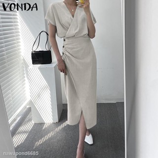 ✜✲Vonda ชุดเดรสยาว แขนสั้น คอวี สีพื้น จับจีบ หรูหรา สไตล์เกาหลี สําหรับผู้หญิง