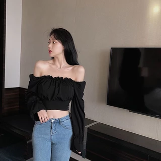 พร้อมส่ง เสื้อครอปแขนยาวคอเหลี่ยมดีไซน์ผูกเชือกหลัง