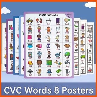 โปสเตอร์ CVC Phonics Words การ์ดภาษา ศิลปะการเรียนรู้ สําหรับเด็ก ครอบครัว 8 ชิ้น