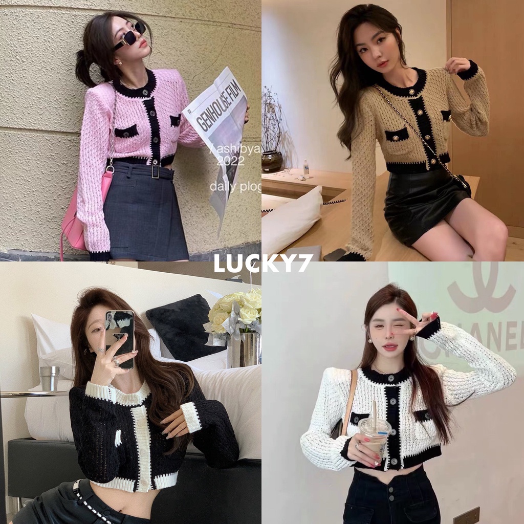 BY IRA (8933) Kamu Cardigan เสื้อครอปไหมพรมแขนยาวคอกลม สีทูโทนดีเทลกระดุมเงินสวย หรู แพงเวอร์
