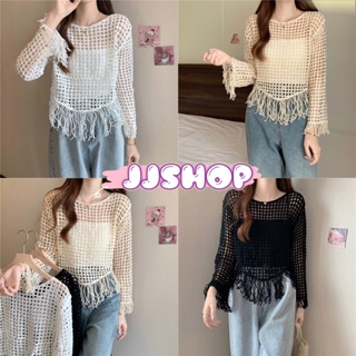 JJ shop 💜พร้อมส่ง เสื้อถักไหมพรม แขนยาวดีเทลเป็นตาข่าย รูใหญๆผูกสายสบายๆ "19050" -C -N