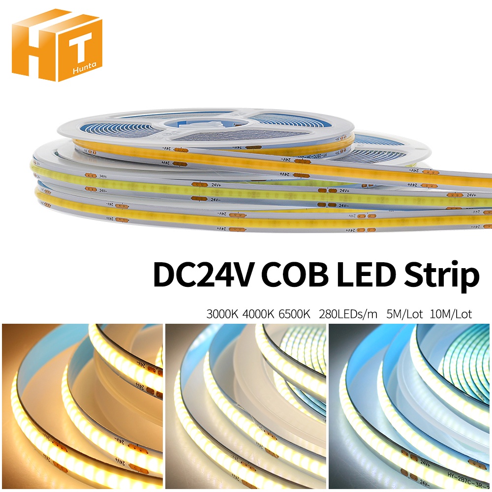 แถบไฟ LED นำไฟตกแต่ง LED ความหนาแน่นสูง COBยืดหยุ่น DC 24V ไฟติดห้อง เปลี่ยนฟรี 3000K 4000K 6500K ไฟสายยาง 5M/ 10M