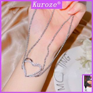 Kuroze สร้อยคอสองชั้น จี้รูปหัวใจ ประดับเพชร สีขาว