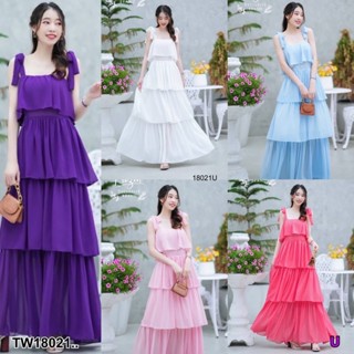 J18021 แม็กซี่เดรสยาว สายผูกไหล่ แต่งระบายชั้น Long maxi dress, straps, shoulder ties, layered ruffles.