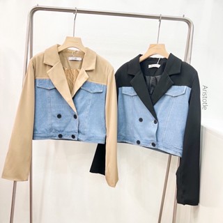 Crop blazer เสื้อครอปแขนยาวคอปก แต่งผ้ายีนส์ ฟอก สี ทรงเท่ ลุคเกาหลี