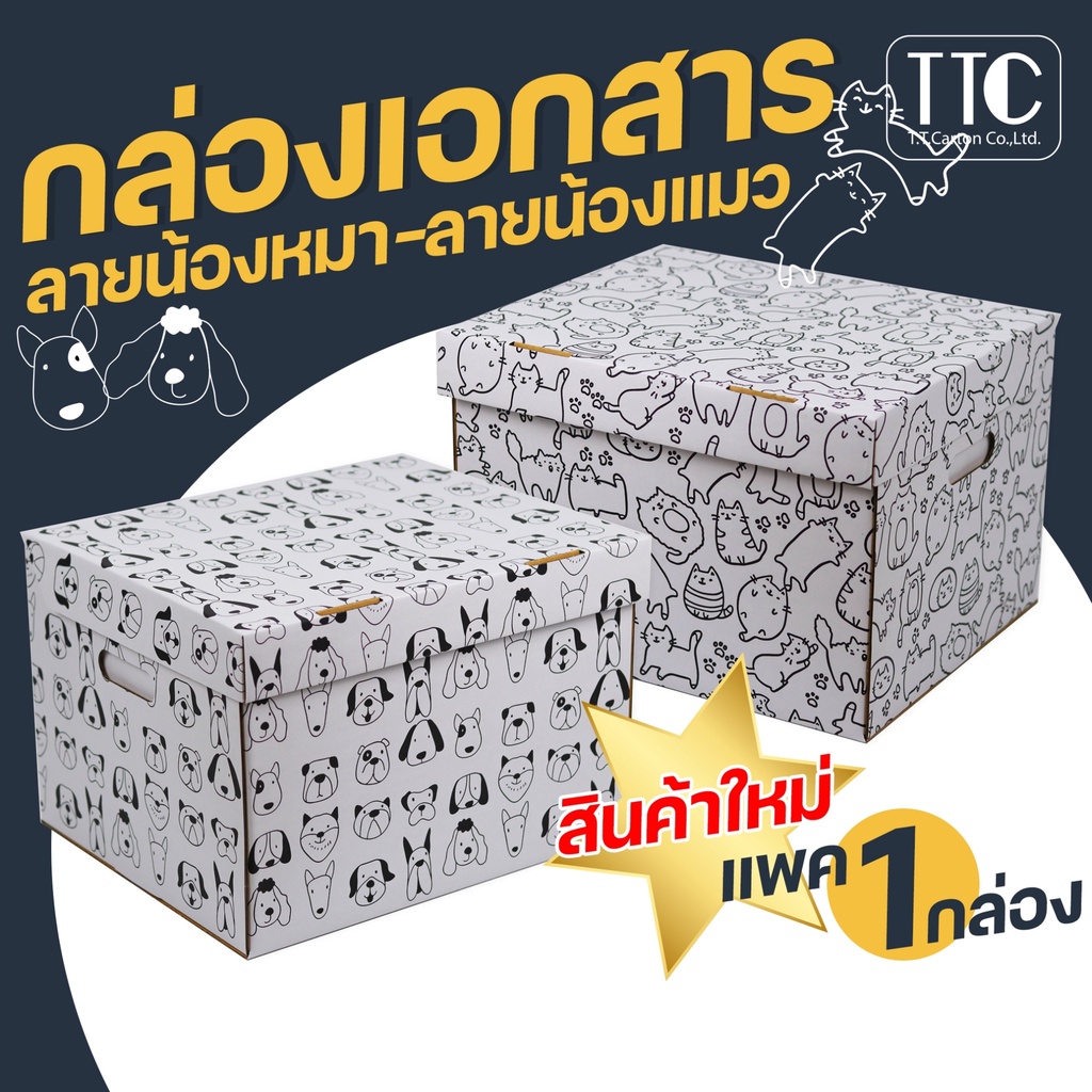 กล่องกระดาษ เก็บเอกสาร ลังใส่ของ กระดาษลูกฟูก พิมพ์ น้องหมา น้องแมว ลายน่ารัก ราคาถูก (กระดาษแข็งแรงพิเศษ) ราคาถูก