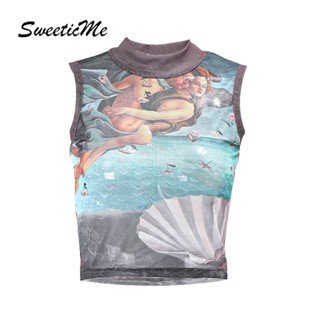 Sweeticme ใหม่ เสื้อยืดลําลอง คอกลม แขนกุด พิมพ์ลาย เซ็กซี่ แฟชั่นสําหรับสตรี 2022