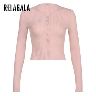 Relagala เสื้อคาร์ดิแกนกันหนาว แขนยาว คอวี สีพื้น แฟชั่นสําหรับผู้หญิง