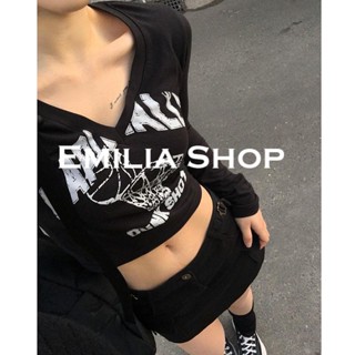 EMILIA SHOP เสื้อ เสื้อครอป เสื้อผ้าแฟชั่นผู้หญิง เสื้อแขนยาวไหมพรม 2022 ใหม่ S031066