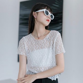 🔥ราคาถูกที่สุด🔥เสื้อยืดผ้าลูกไม้ซีทรู คอกลมแขนสั้น 3 สี ไม่มีซับใน