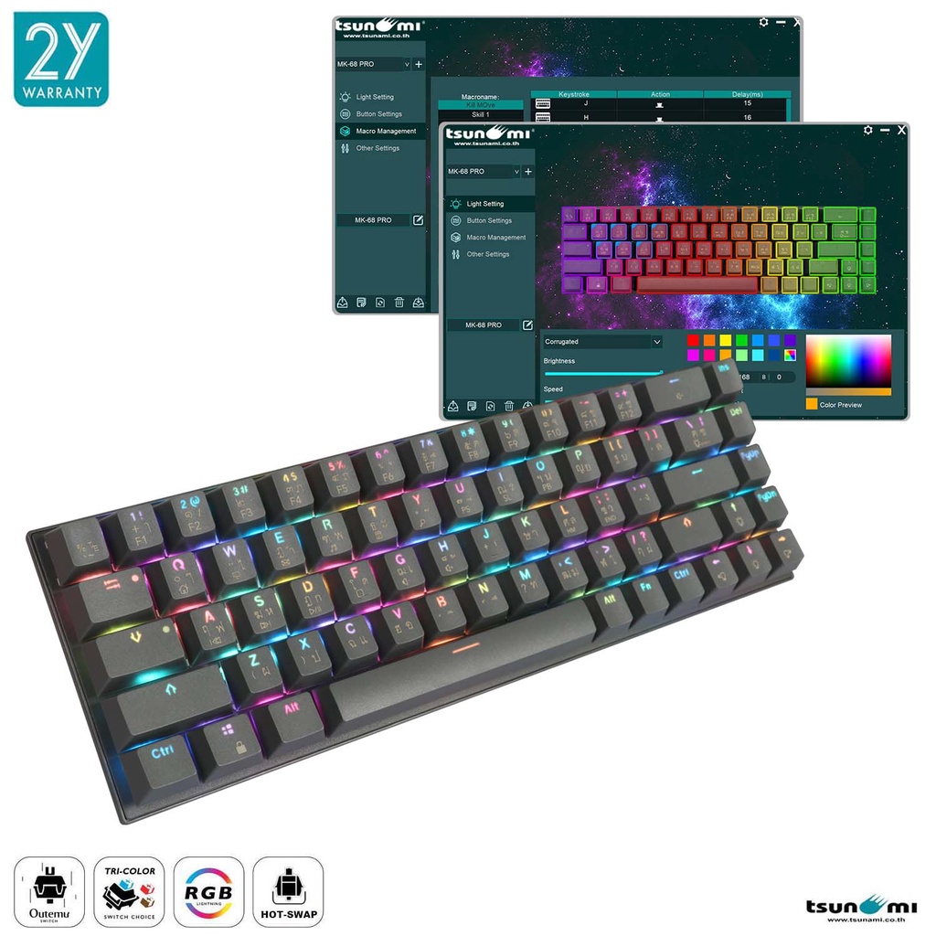 คีย์บอร์ดเกมมิ่ง Tsunami Outemu MK-68 Pro Hotswappable Type-C Macro Software 60% Mechanical Keyboard