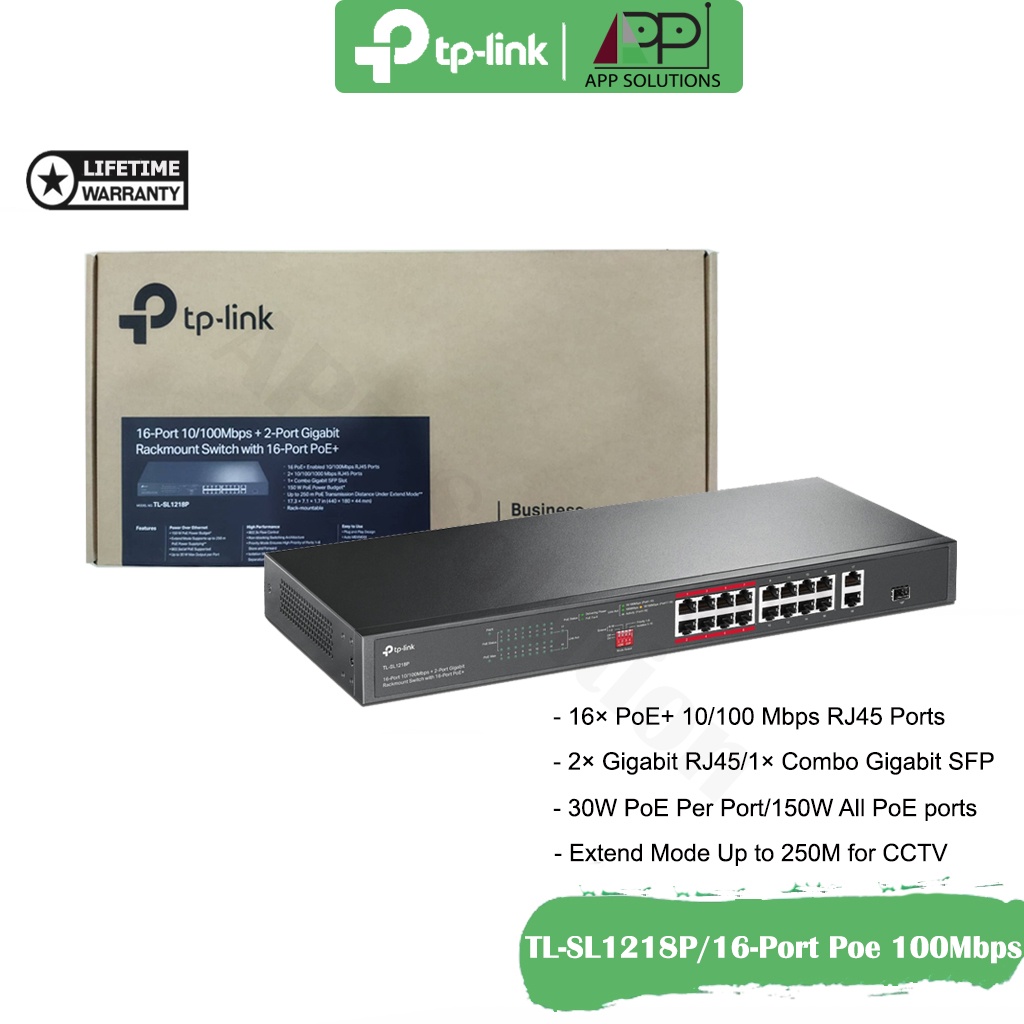 TP-LINK Switch(สวิตซ์ฮับ)16-Port PoE+10/100Mbps/2-Port Gigabit/1-Gigabit SFP Slot รุ่นTL-SL1218P(ประ
