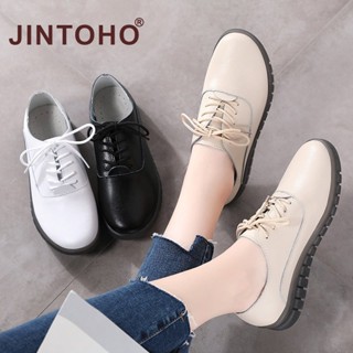 【JINTOHO】รองเท้าโลฟเฟอร์ หนังวัวแท้ กันลื่น สีดํา สไตล์เกาหลี สําหรับผู้หญิง ไซซ์ 35-40