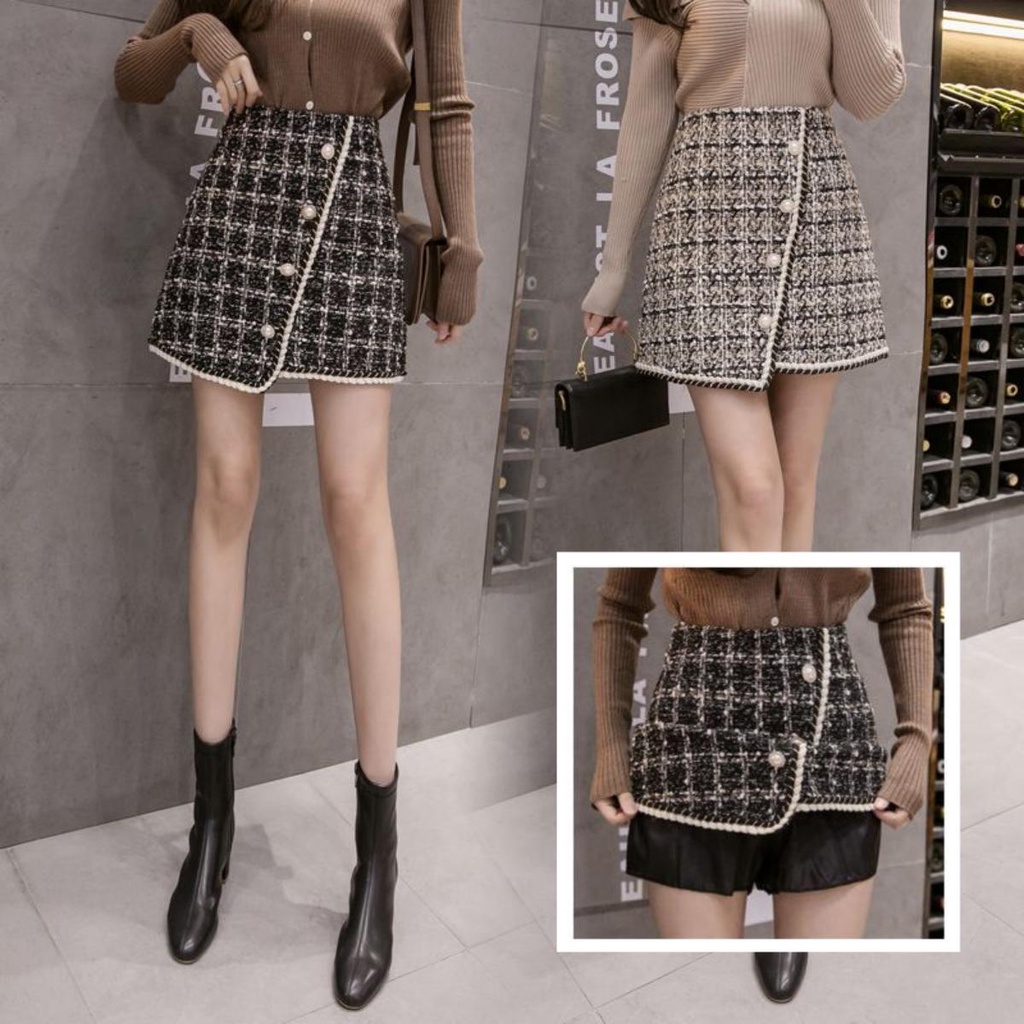suysuy พร้อมส่ง กระโปรงผ้าทวิตแต่งกระดุมมุก4เม็ดเฉียงข้าง กระโปรงเอวสูง เรียบหรู ผ้าหนานุ่ม ลุคลูกคุณหนู มี2สี ดำ- ครีม