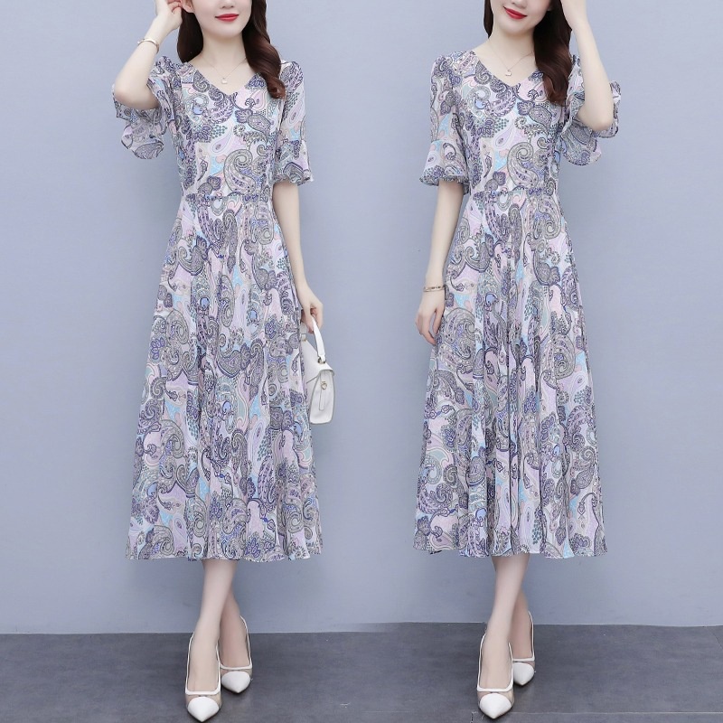 M-4XL ฤดูร้อน Oversize ชุดสตรี 2022 ใหม่ Midi ความยาว Slim A-line Dress พัฟแขน V คอ