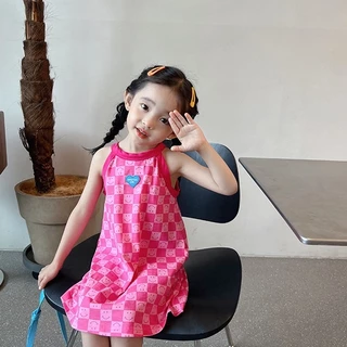 Babyonline(Y423)E6 (ส่งด่วน1วัน)ชุดกระโปรงเสื้อแขนกุดลายการ์ตูน ชุดกระโปรงสายเดี่ยวพิมพ์ลายสก๊อต ผ้าฝ้าย นิ่ม ระบายอากาศ