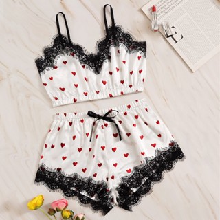 Women V-Neck Heart Print Lace Satin Camisole Pajamas Bowknot Shorts Lingerie Set