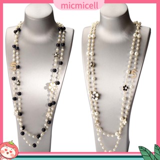 (micmicell) สร้อยคอยาว จี้ไข่มุกเทียม ดอกไม้ ตัวเลข 5 สองชั้น เครื่องประดับ สําหรับผู้หญิง