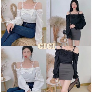 Cici ❣🇹🇭🚚พร้อมส่ง❣(2219)เสื้อสายเดี่ยวแขนยาวเปิดไหล่แต่งโบว์ คิ้วท์ๆสไตล์เกาหลี