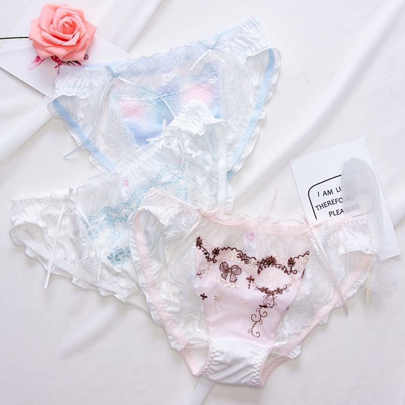 สินค้าใหม่ กางเกงชั้นใน ผ้าเรยอน เอวต่ํา ปักลายลูกไม้ สามสี สไตล์ญี่ปุ่น สําหรับผู้หญิง