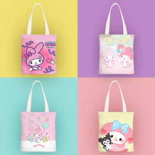 Sanrio Melody กระเป๋าสะพายไหล่ กระเป๋าช้อปปิ้ง ผ้าแคนวาส ลายการ์ตูน Sanrio Melody แบบเรียบง่าย สําหรับผู้หญิง และนักเรียน