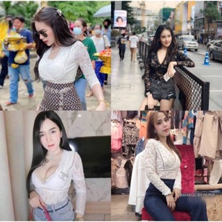 👚sopa_shop👚 Bodysuit แขนยาว คอวีระบาย แต่งฉลุ ดีไซน์สวยหรู