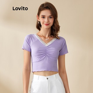 【พร้อมส่ง】Lovito เสื้อยืดรัดรูป คอวี แต่งลูกไม้ สีพื้น สไตล์ลำลอง L20D1238 (สีม่วง)