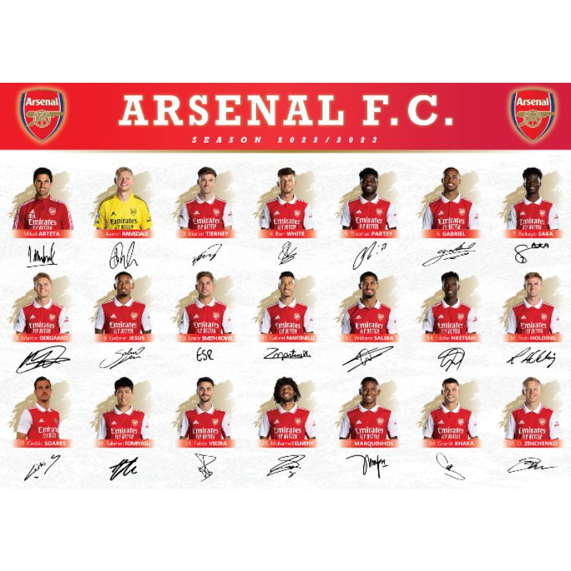 โปสเตอร์ อาร์เซน่อล พร้อมลายเซ็นทั้งทีม ภาพคมชัดใบหนาเกรด A ขนาด 20x28 นิ้ว - Poster Arsenal Signed Team 2022/2023
