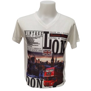 เสื้อยืดราคาถูก เสื้อยืดคอวีสีขาวลาย London Vintage (Unisex)