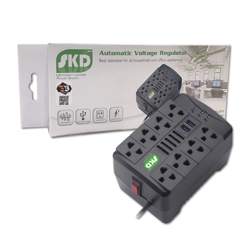 SKD Spina ป้องกันปัญหา ไฟตก-ไฟเกิน ไฟกะชาก(เคลมผ่าน 7-11 ได้)Stabilizer (AVR+USB เต้าเสียบบน) ไม่สำรองไฟ Automatic-1 ปี