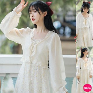 🎀Korean Fashion🎀เสื้อแขนยาวผ้าชีฟองขอบระบาย แขนจั๊มผูกหน้าอก 2 สี