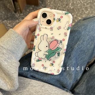 เคสโทรศัพท์มือถือ ซิลิโคนนิ่ม ลายการ์ตูนกระต่าย พร้อมที่ตั้งวาง ดอกไม้ สร้างสรรค์ สําหรับ Iphone 14pro Max 13 12 11 14pro XR 14plus