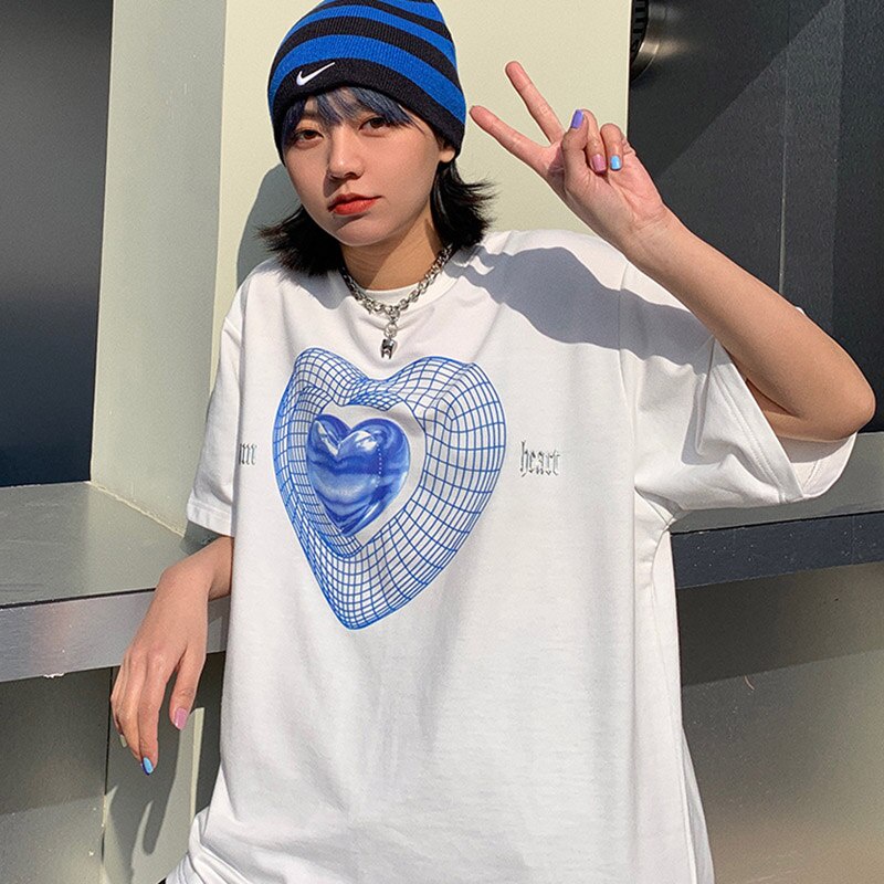 Y2k เสื้อยืดลําลอง ผ้าฝ้าย แขนสั้น พิมพ์ลายการ์ตูน Love Harajuku Streetwear 6ESP สไตล์ฮิปฮอป แฟชั่นฤดูร้อน สําหรับสตรี