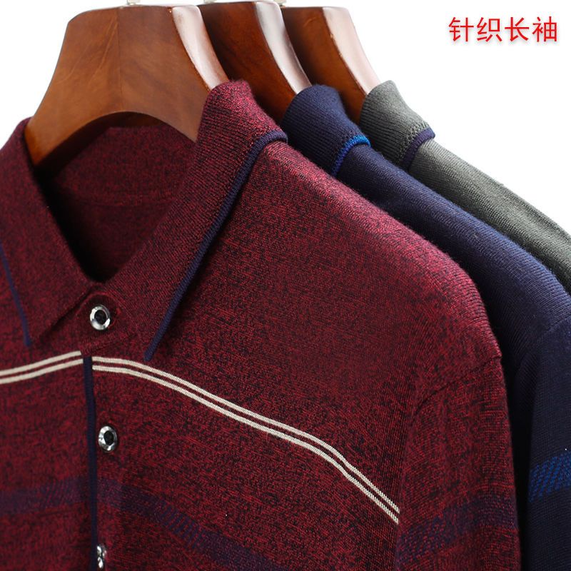 Spot high-quality] pocket striped POLO shirts for men in middle-aged autumn, dads wear long-sleeved t-shirts, men's lapels, Tee loose stripes, middle-aged and elderly thin sweaters, real pocket casual tops for boys. #4