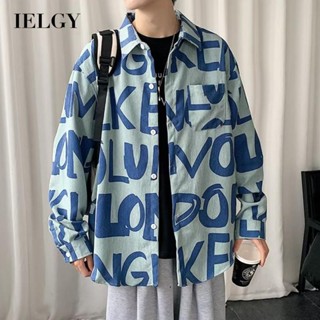 Ielgy เสื้อเชิ้ตแขนยาว ผ้าลูกฟูก พิมพ์ลายตัวอักษร สําหรับผู้ชาย