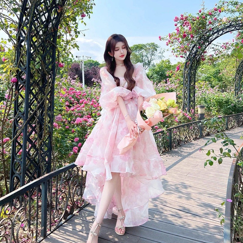 ชุดเดรสยาว ลายดอกไม้ สีชมพู สไตล์แฟรี่ คุณภาพสูง เหมาะกับฤดูร้อน ขายดี