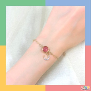 สร้อยข้อมือแฟชั่น หินนำโชค จี้เสี้ยวพระจันทร์เพชร Strawberry Quartz &amp; Rose Quartz